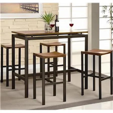 Counter Height Contemporary Black Metal Table with Warm Oak Top and 4 Stools 